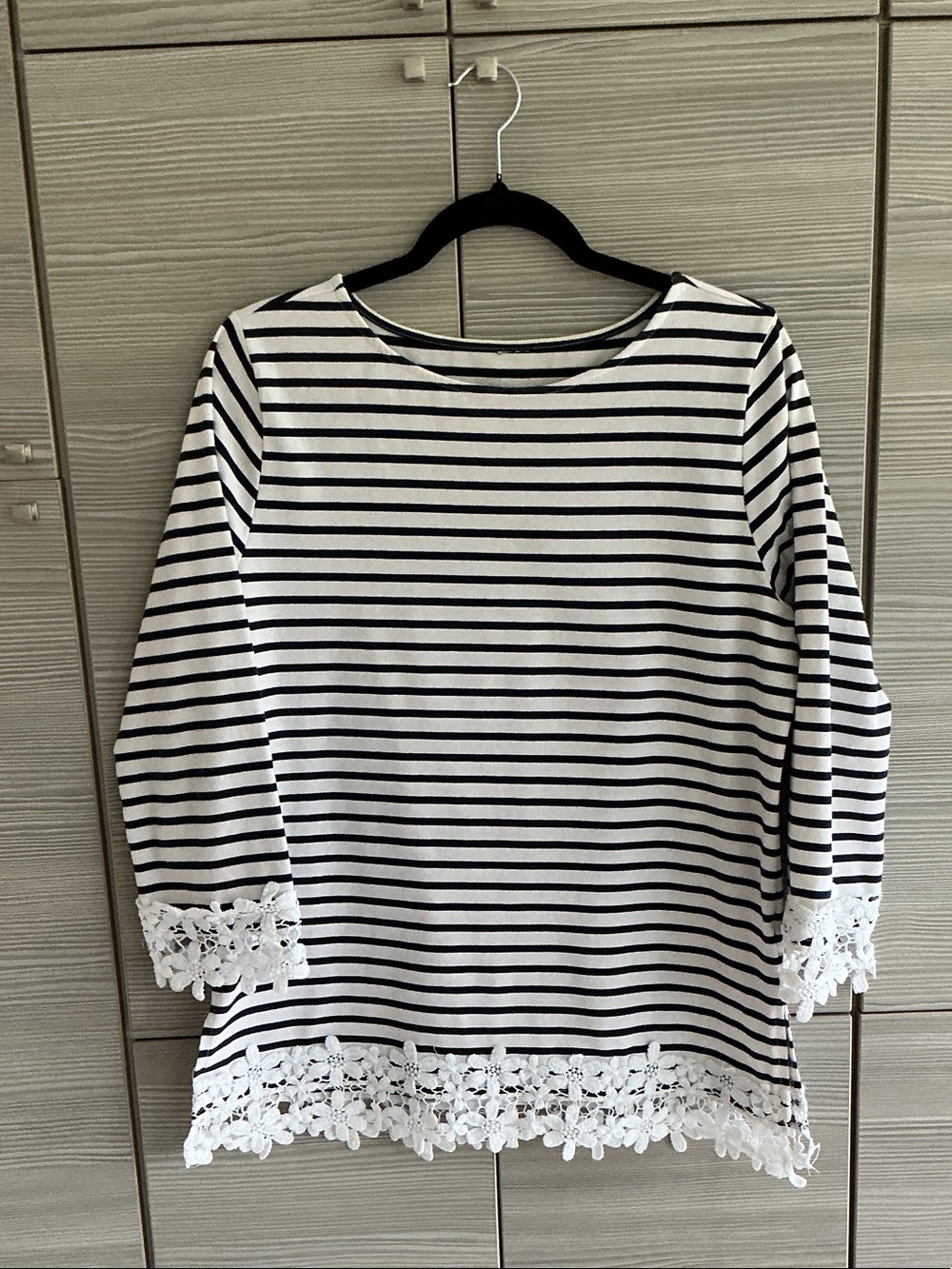 J. Crew Navy Blue & White Striped Lace-Hem Long Sleeve Tee